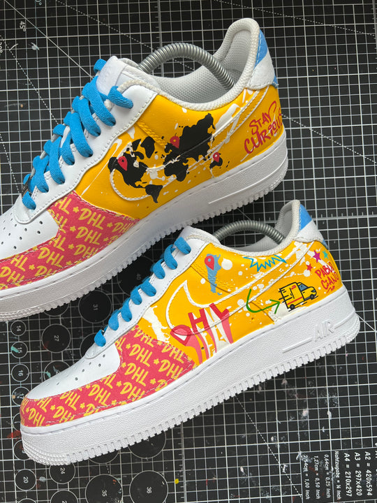 custom air force 1 trainers with DHL colours and branding 