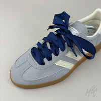 Navy Ribbon Shoelaces on Adidas Grey Spezial