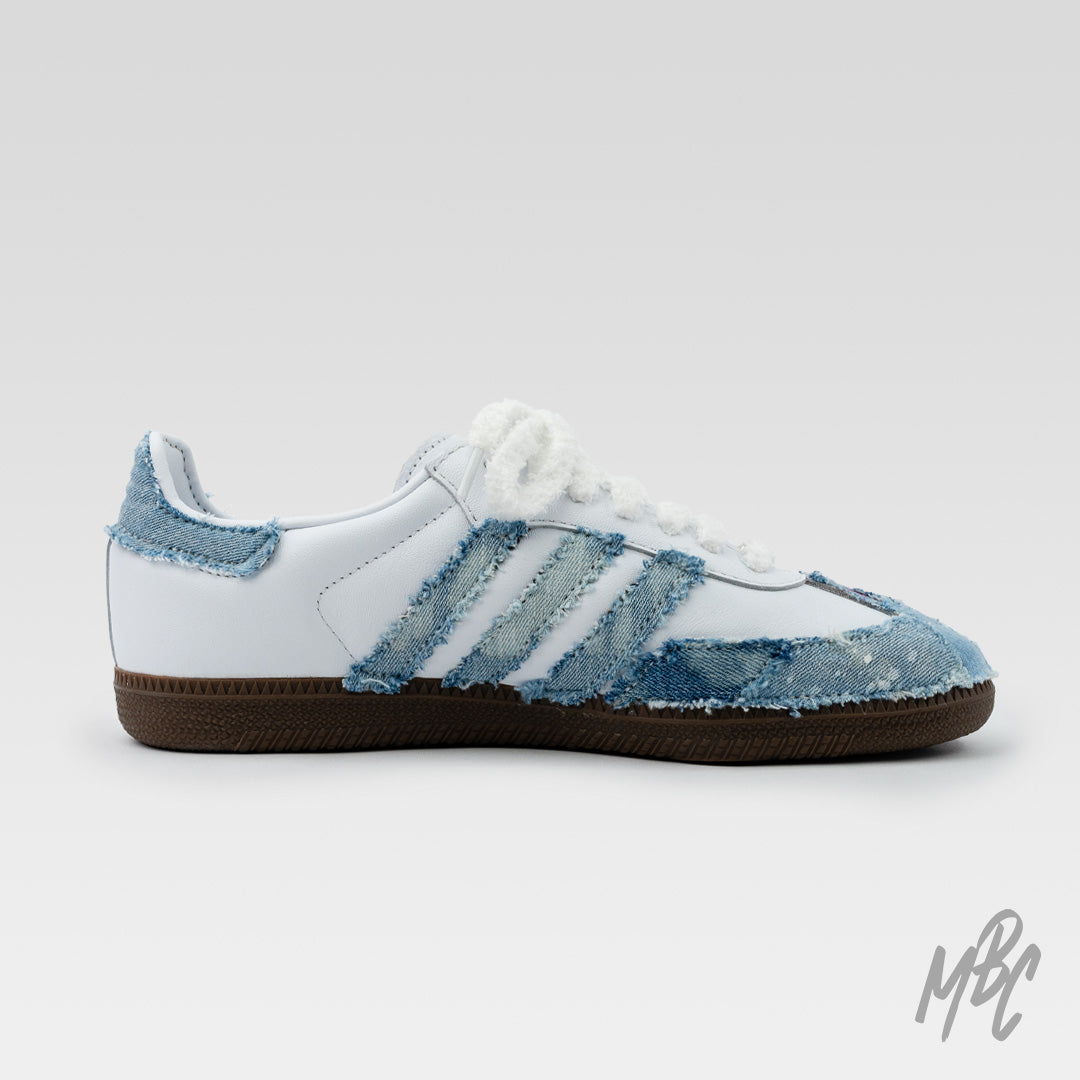 Re-Worked Denim Adidas Samba Custom Sneakers With White Fluffy Lace