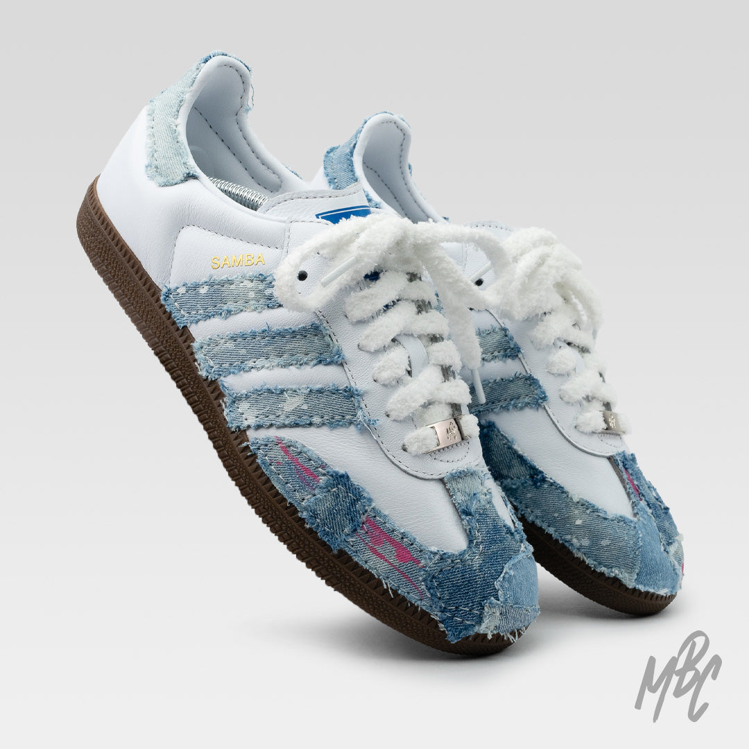 Re-Worked Denim Adidas Samba Custom Sneakers With White Fluffy Lace