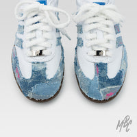 Re-Worked Denim Adidas Samba Custom Sneakers With White Fluffy Lace