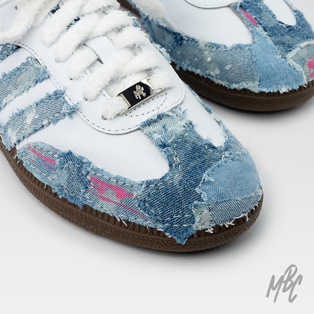 Re-Worked Denim Adidas Samba Custom Sneakers With White Fluffy Lace