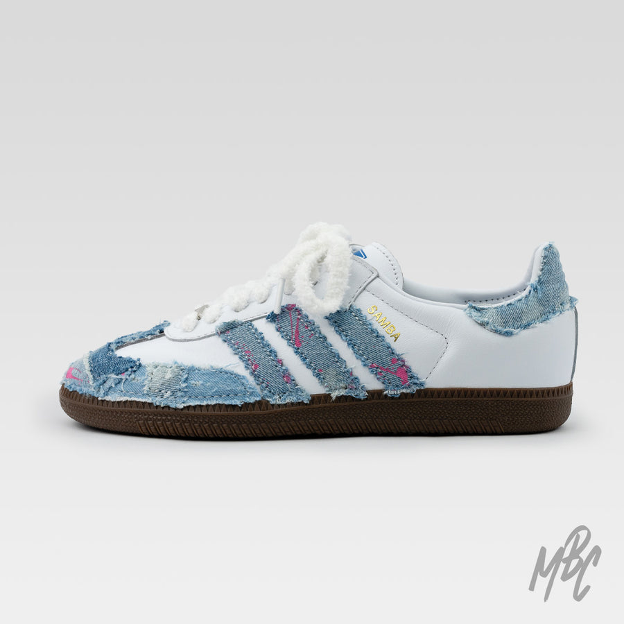 Re-Worked Denim Adidas Samba Custom Sneakers With White Fluffy Lace