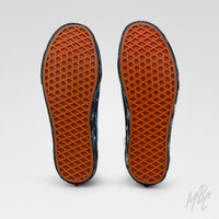 Outsole view of custom Denim Bloom Vans Old Skool trainers featuring durable Vans waffle rubber sole and hand-customised upper.