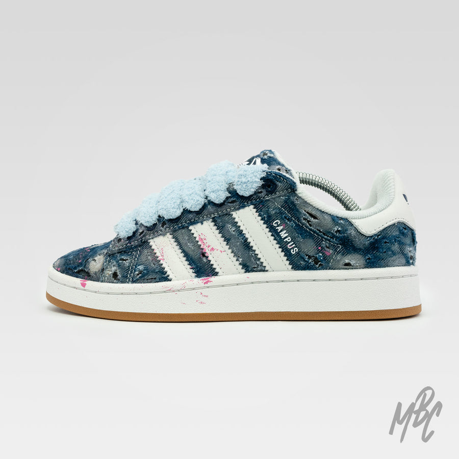 Distressed Denim Adidas Campus Custom Sneakers With Blue Fluffy Lace