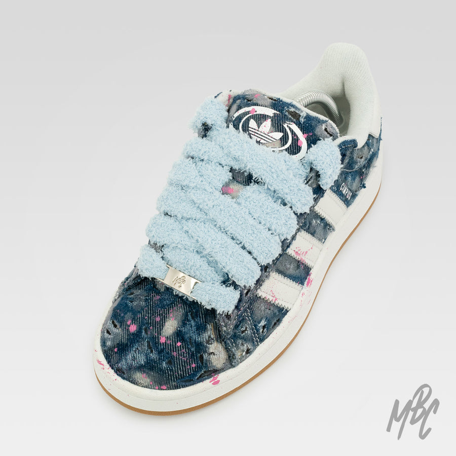 Distressed Denim Adidas Campus Custom Sneakers With Blue Fluffy Lace