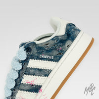 Distressed Denim Adidas Campus Custom Sneakers With Blue Fluffy Lace