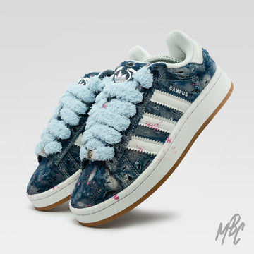 Distressed Denim Adidas Campus Custom Sneakers With Blue Fluffy Lace