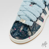 Distressed Denim Adidas Campus Custom Sneakers With Blue Fluffy Lace