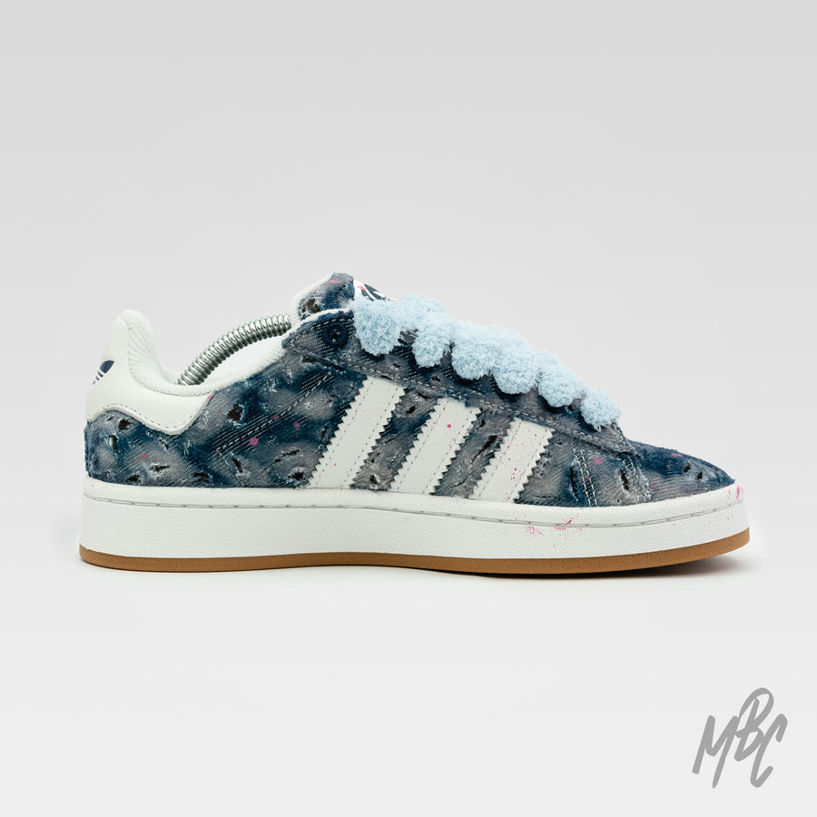 Distressed Denim Adidas Campus Custom Sneakers With Blue Fluffy Lace