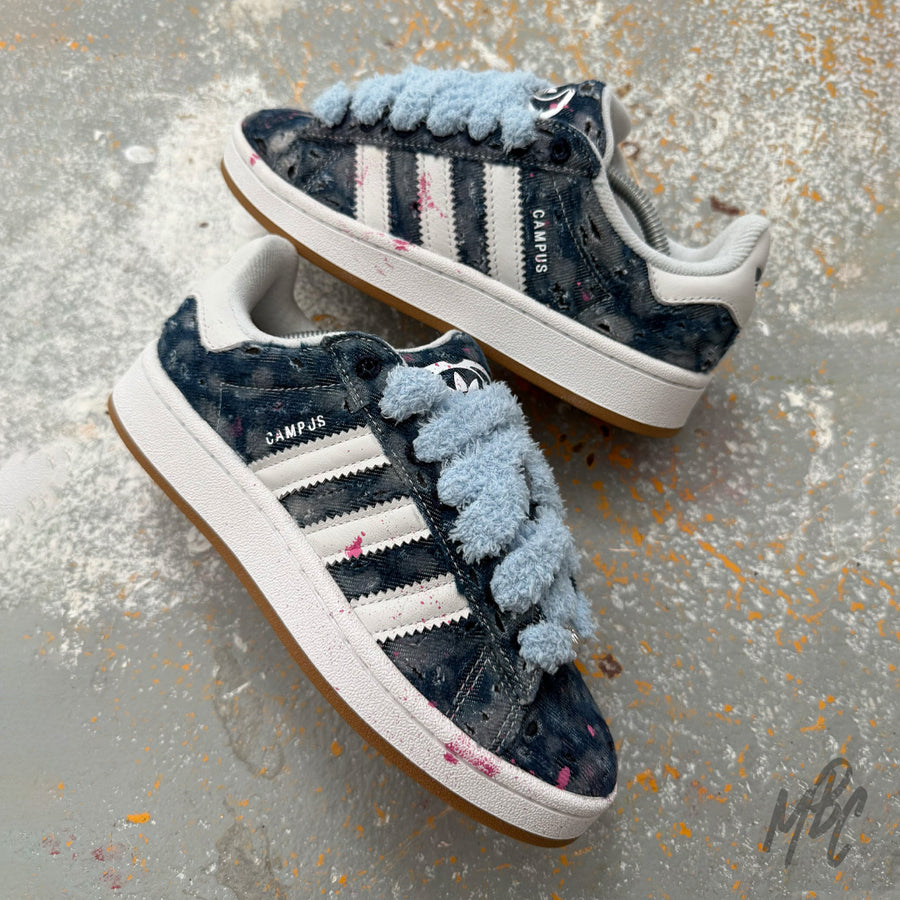 Distressed Denim Adidas Campus Custom Sneakers With Blue Fluffy Lace