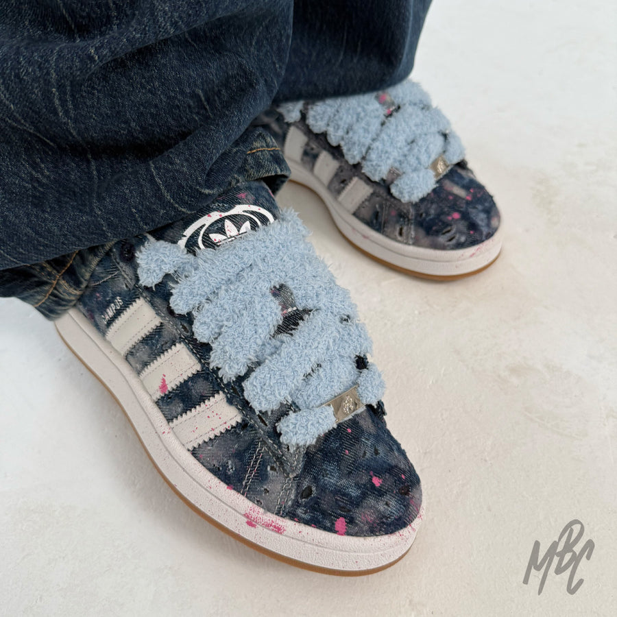 Distressed Denim Adidas Campus Custom Sneakers With Blue Fluffy Lace