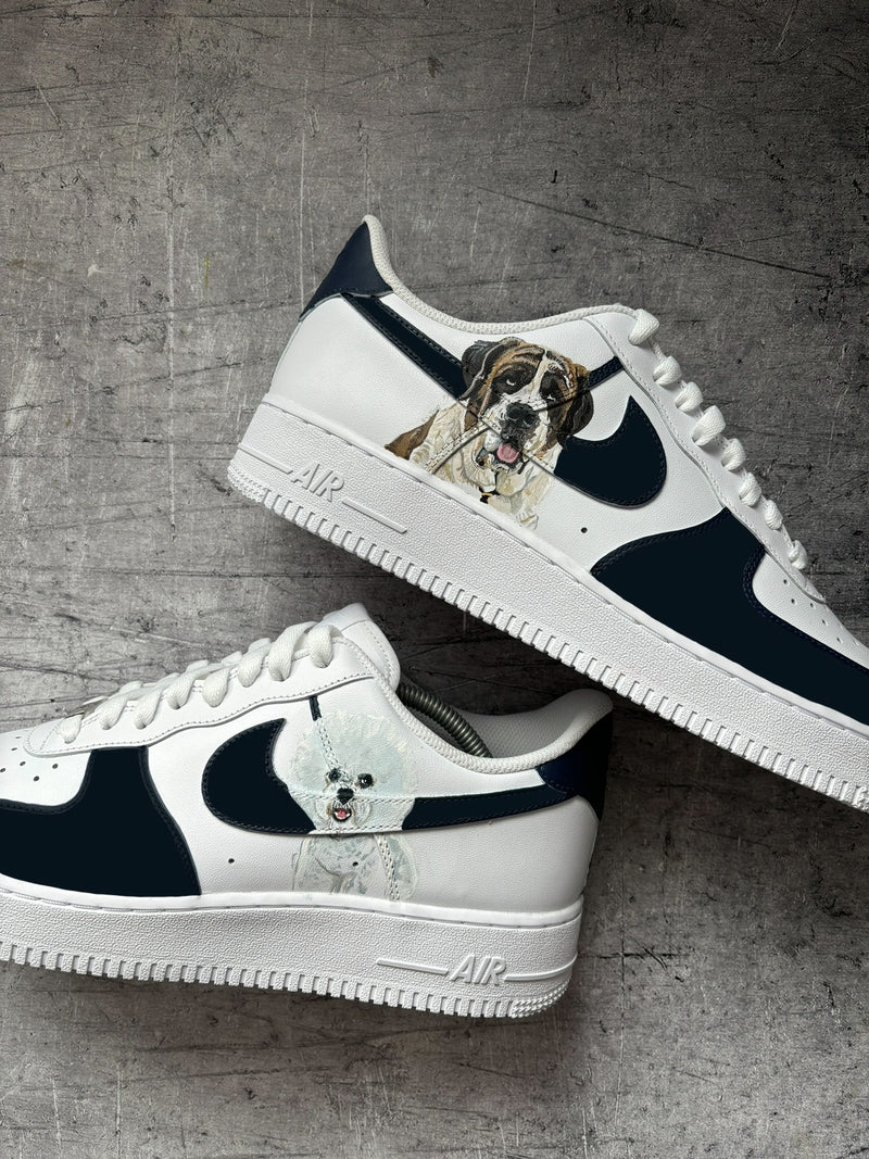 Custom Nike Air Force 1 with hand-painted dog portraits and navy blue colourway
