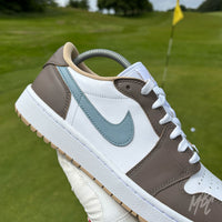 Close-up of the Fairway Fog Jordan 1 Low Golf custom golf trainer featuring taupe and light blue colour blocking