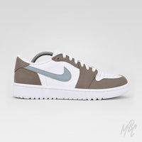 Medial side view of Fairway Fog Jordan 1 Low Golf custom golf shoe featuring neutral taupe leather panels and light blue accent detailing