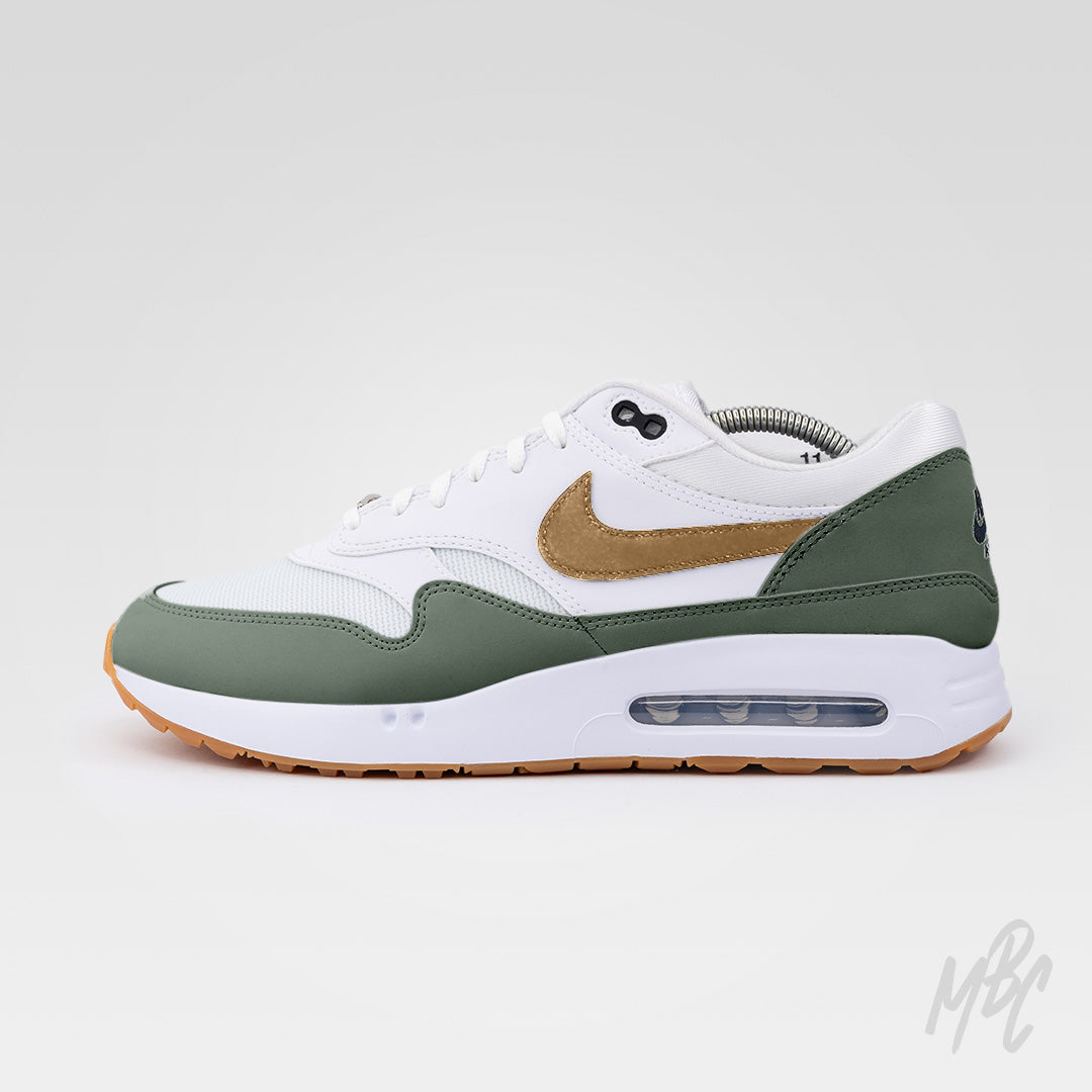 Fairway Gold custom Nike Air Max 1 golf sneakers in white, green and gold side profile