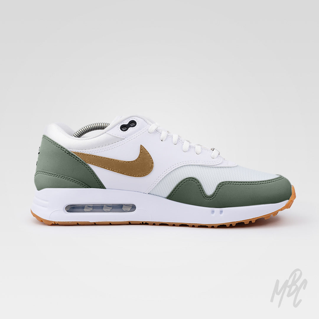 Custom Nike Air Max 1 golf shoes Fairway Gold colourway with green overlays and gold swoosh