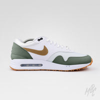 Custom Nike Air Max 1 golf shoes Fairway Gold colourway with green overlays and gold swoosh