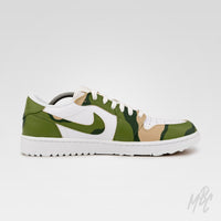 Custom Jordan golf shoes Fairway Camo Air Jordan 1 Low Golf with green camouflage design and golf flag swoosh detail