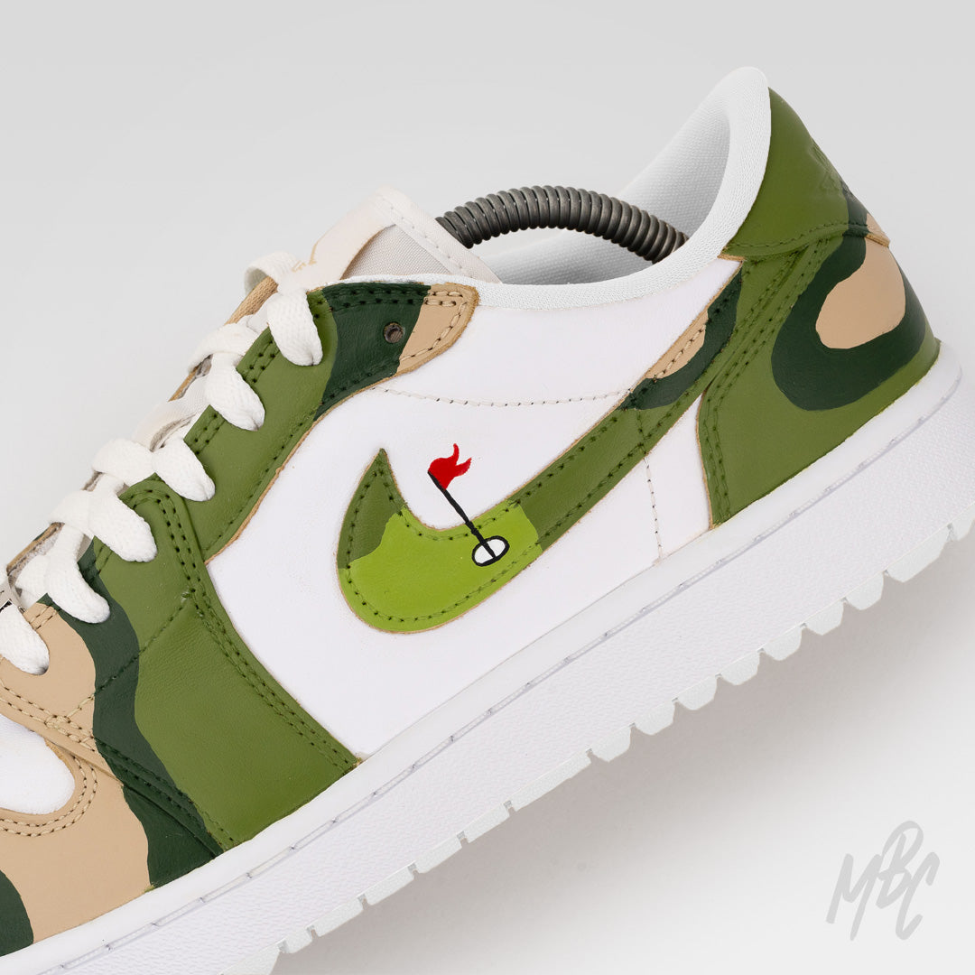 Custom golf shoes Nike Air Jordan 1 Low Golf Fairway Camo with camouflage panels and golf green swoosh illustration