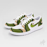 Fairway Camo custom Nike Air Jordan 1 Low Golf sneaker with green camo pattern and golf hole flag swoosh design