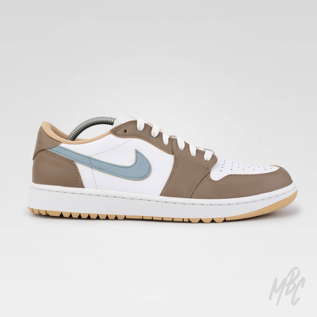 Medial side view of Fairway Fog Jordan 1 Low Golf custom golf shoe featuring neutral taupe leather panels and light blue accent detailing