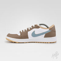 Side profile of Fairway Fog Jordan 1 Low Golf custom golf shoe with premium taupe and white colourway, blue Swoosh and golf outsole