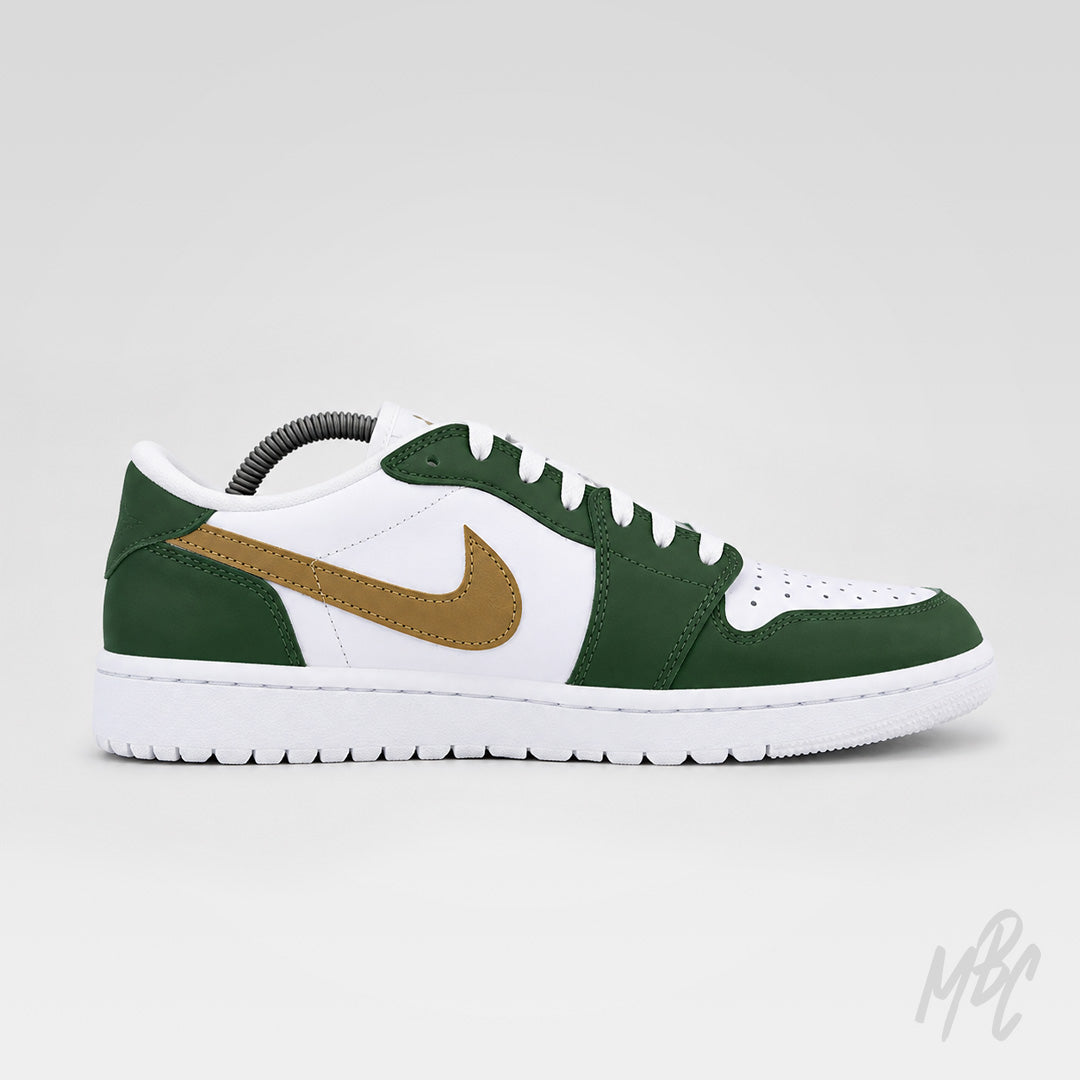 Opposite side view of a white Air Jordan 1 Low Golf shoe featuring dark green overlays, a metallic gold Nike Swoosh, white laces, and a white sole against a light gray background.