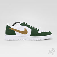 Opposite side view of a white Air Jordan 1 Low Golf shoe featuring dark green overlays, a metallic gold Nike Swoosh, white laces, and a white sole against a light gray background.