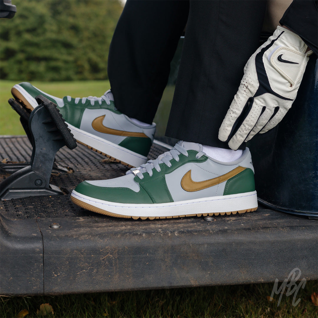 Fairway Gold Nike Jordan 1 Low Golf Custom Sneakers in grey in Golf Buggy on Golf Course