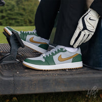Fairway Gold Nike Jordan 1 Low Golf Custom Sneakers in grey in Golf Buggy on Golf Course