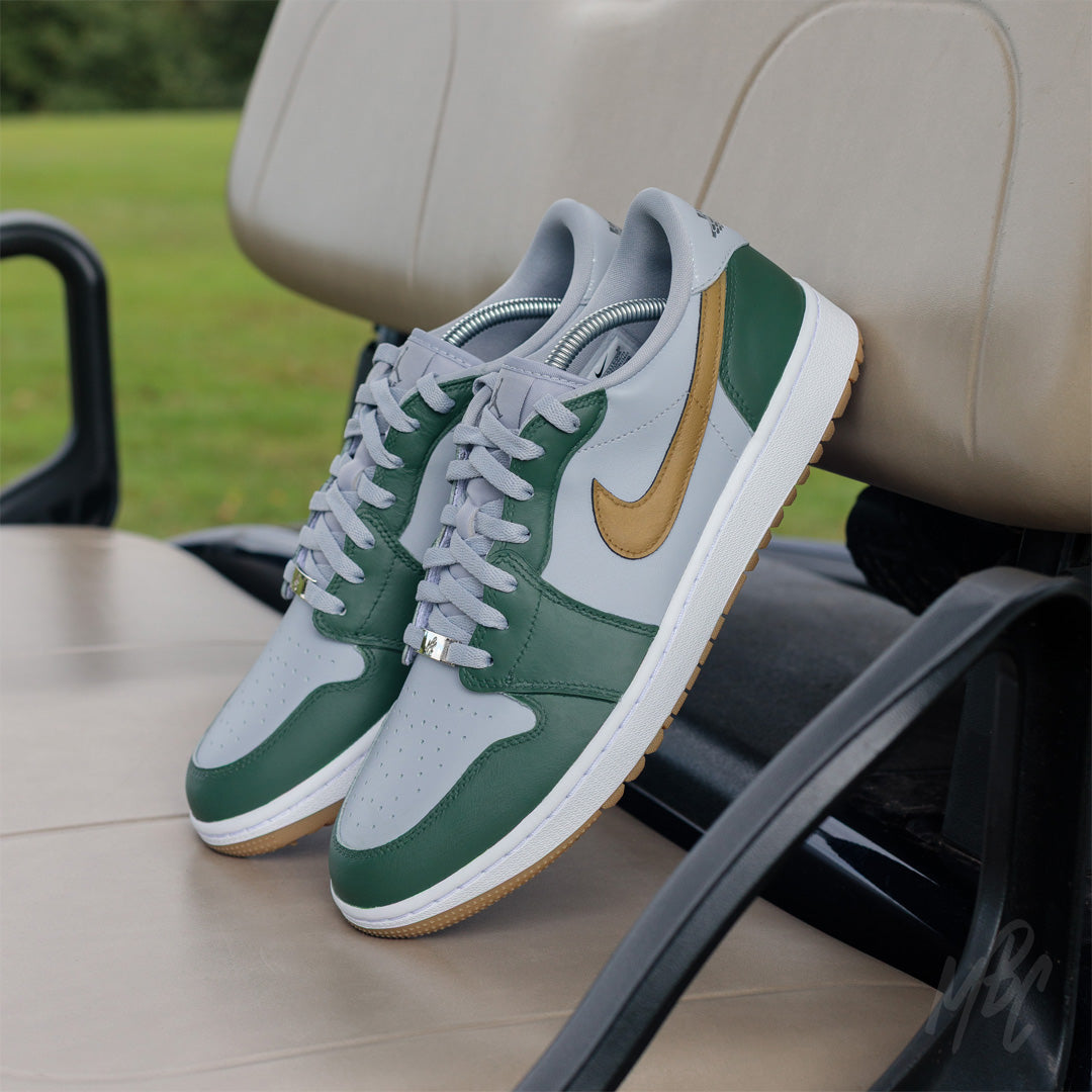 Fairway Gold Nike Jordan 1 Low Golf Custom Sneakers in grey in Golf Buggy on Golf Course