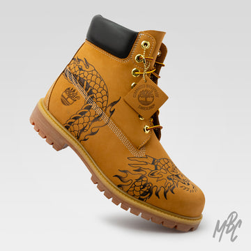 Flaming Dragon Pyrography Tan Timberland Custom Boots