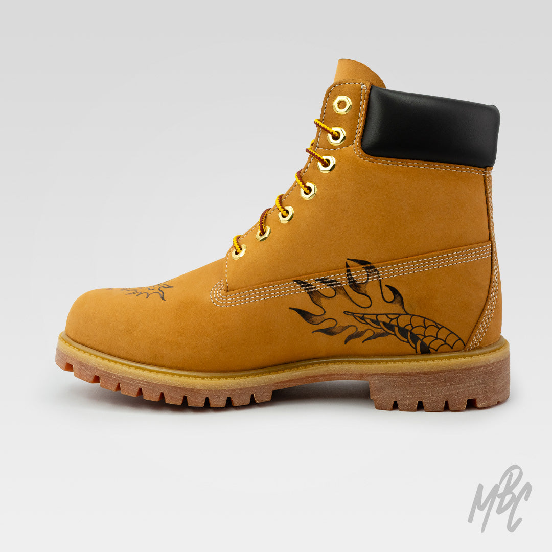 Flaming Dragon Pyrography Tan Timberland Custom Boots