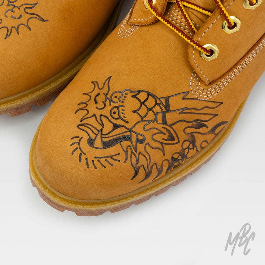 Flaming Dragon Pyrography Tan Timberland Custom Boots