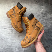 Custom Timberland  Boots - Flaming Dragon Pyrography Tan