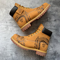 Custom Timberland  Boots - Flaming Dragon Pyrography Tan