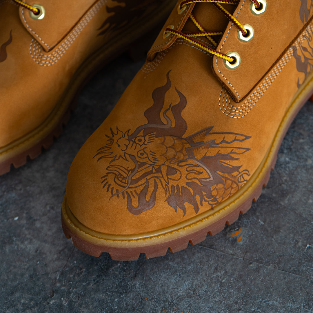 Custom Timberolands Flaming Dragon - Timberland Tan Boot Custom – MattB Customs