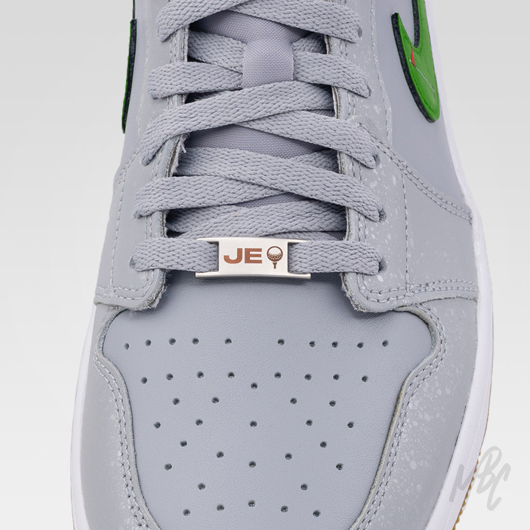 Custom Engraved Golf Lace Locks - Custom Engraved Golf Dubrae on Custom Nike Jordan 1 Low Sneaker - Happy Putting