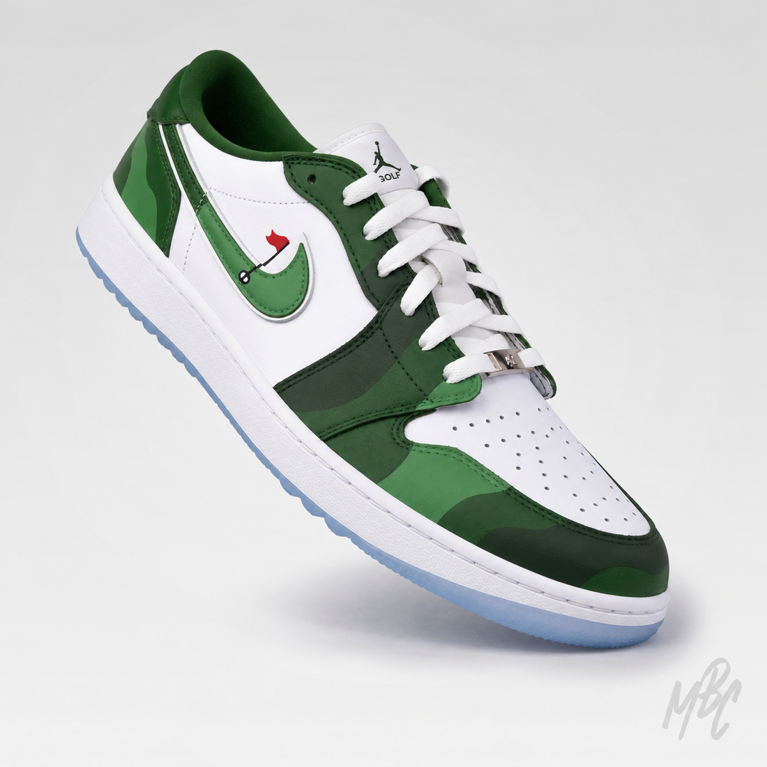 A low-top Nike Air Jordan sneaker in green and white, featuring a green Swoosh with a mini golf flag detail, white laces, and a light blue translucent outsole, shown on a light gray background.