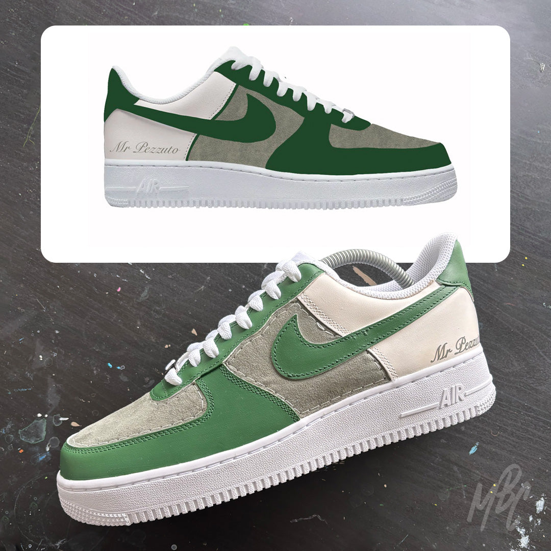 Custom green and cream Nike Air Force 1 wedding sneaker with suede panels, personalised surname and matching mock-up design