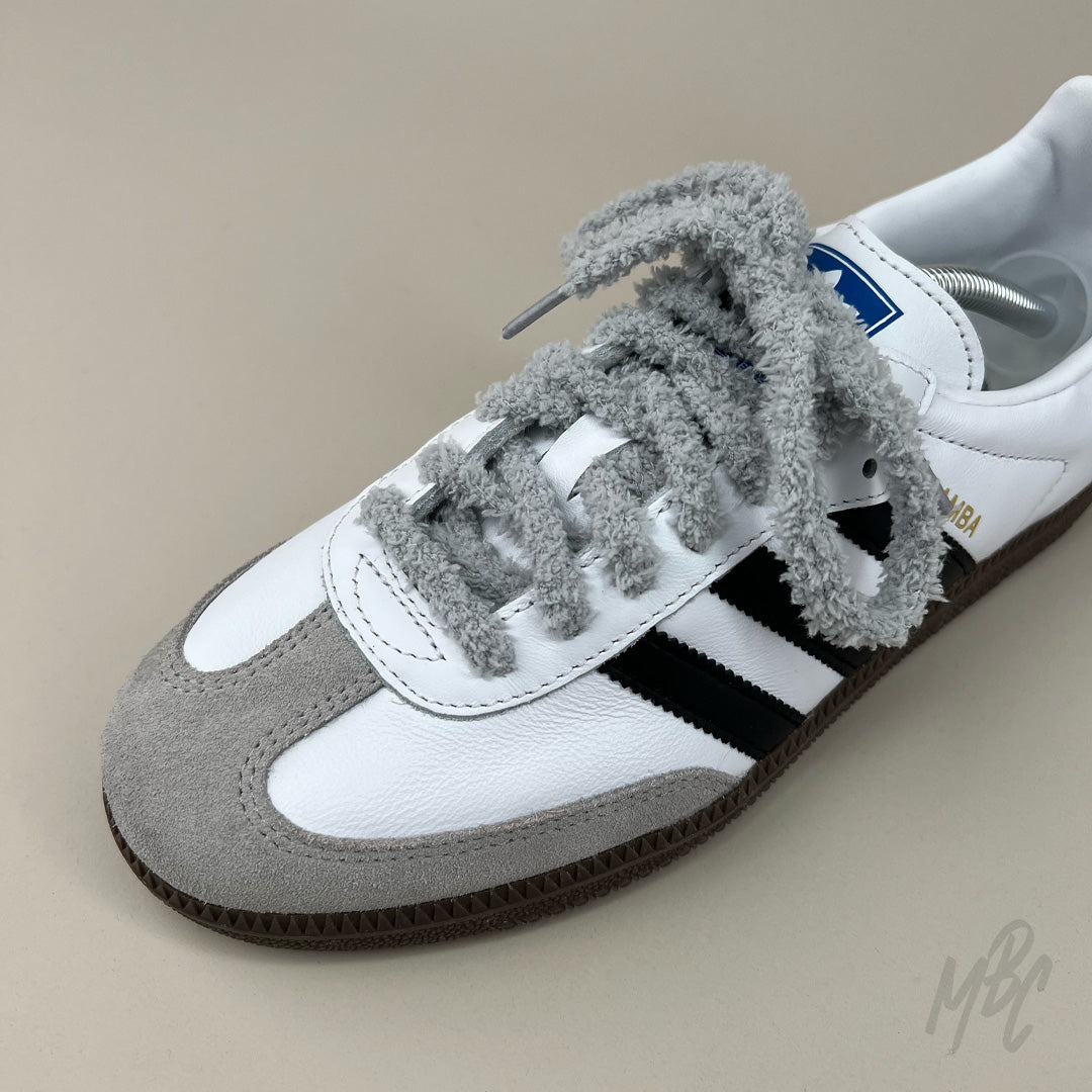 Grey Fluffy Shoelaces on Adidas Samba