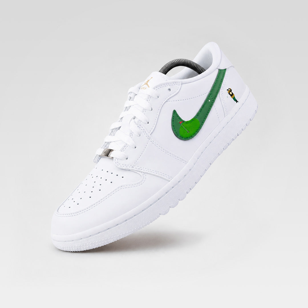 Custom Jordan golf shoes Happy Golfing 2.0 Air Jordan 1 Low Golf with green swoosh, putting green detail and golfer illustration