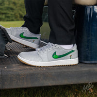 Happy Golfing Nike Jordan 1 Low Golf Custom Sneakers in grey in Golf Buggy on Golf Course