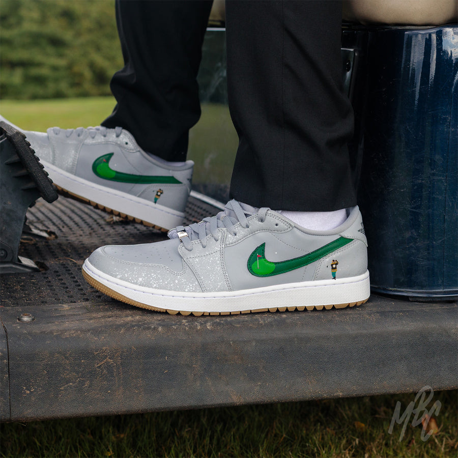 Happy Golfing Nike Jordan 1 Low Golf Custom Sneakers in grey in Golf Buggy on Golf Course