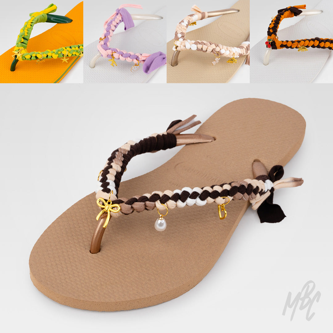 customised Havaianas flip-flops with colourful braided straps and charms, centred around a brown pair with neutral braiding and gold details.