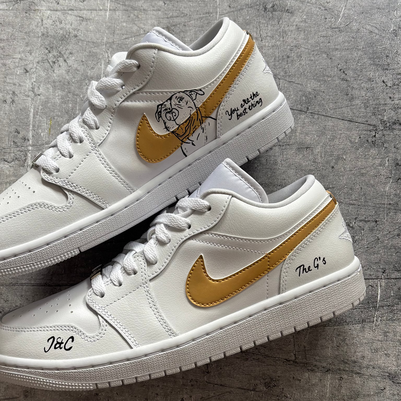 Custom Jordan 1 Low with personalised dog portrait artwork on white leather panels
