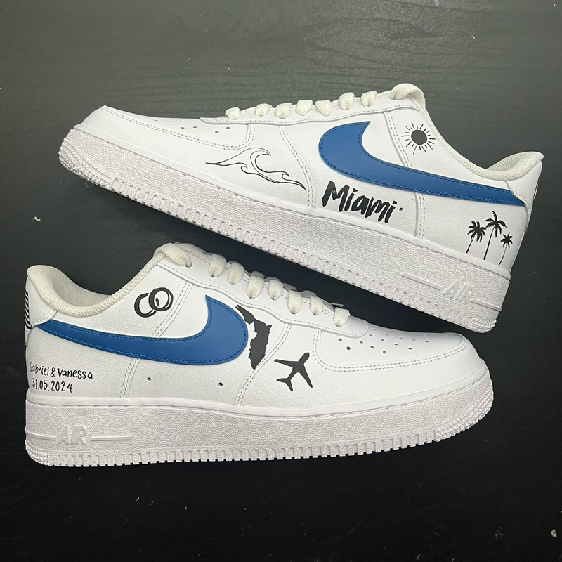 Custom Nike Air Force 1 wedding sneakers with Miami-inspired artwork, travel details and personalised names