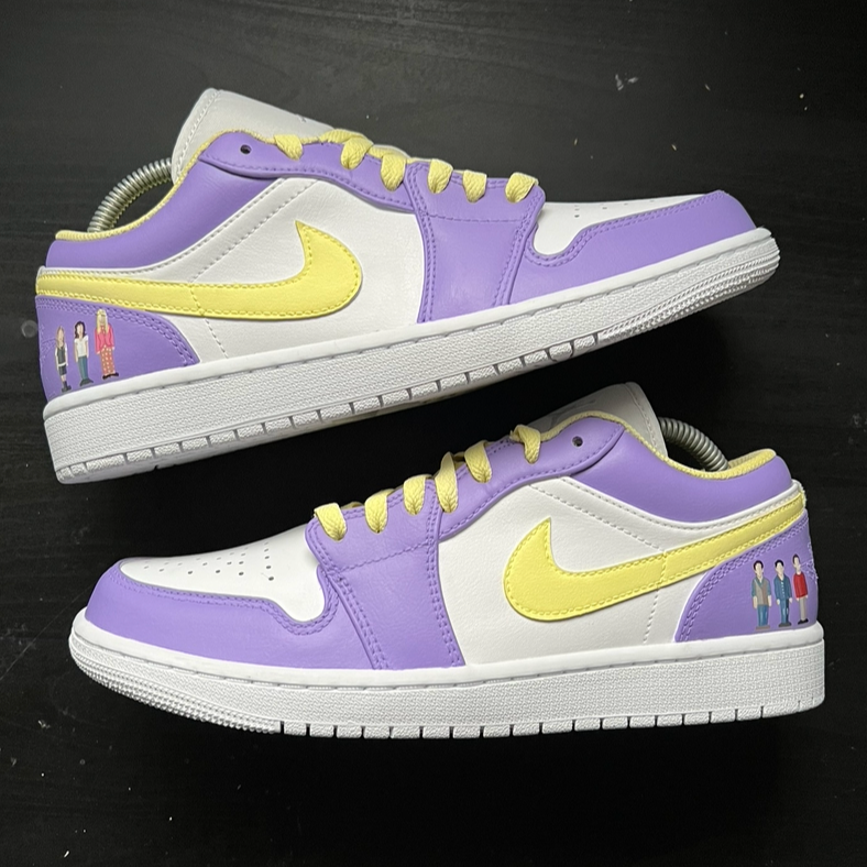 Custom Jordan 1 Low sneakers in pastel purple and yellow colourway with personalised family artwork