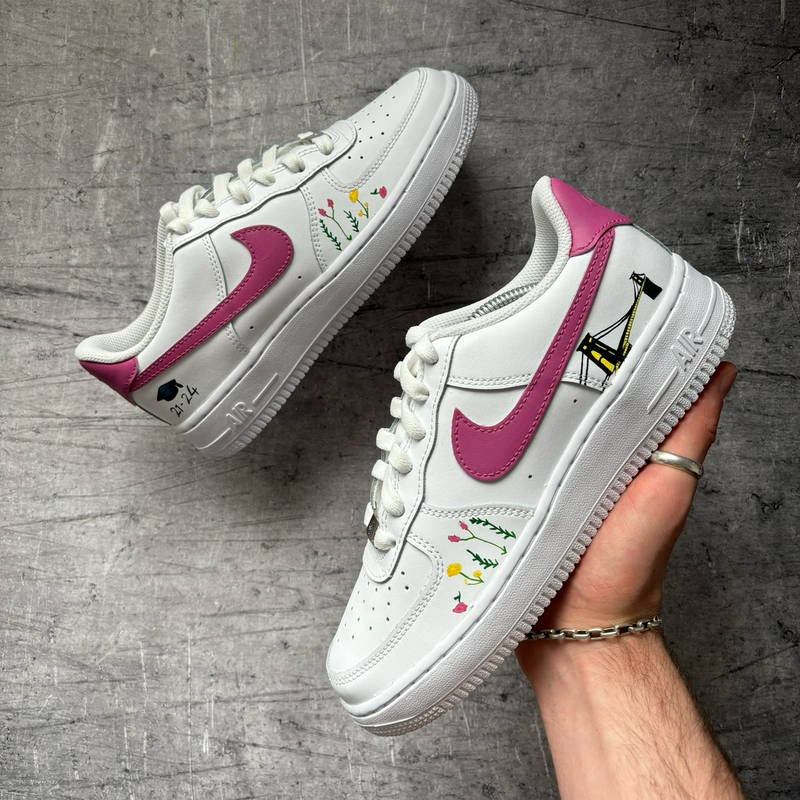 Custom Nike Air Force 1 wedding sneakers with pink colourway, floral artwork and personalised illustrations